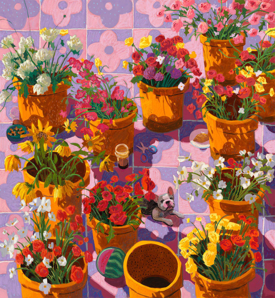 Nicholas Bono Kennedy - painting of flowers on pink and purple tile