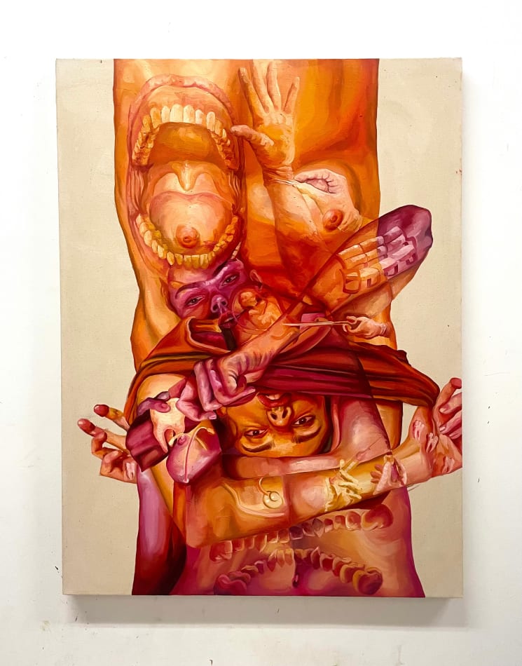 Painting of woman with translucent body parts on top of her own by Kathryn Kampovsky