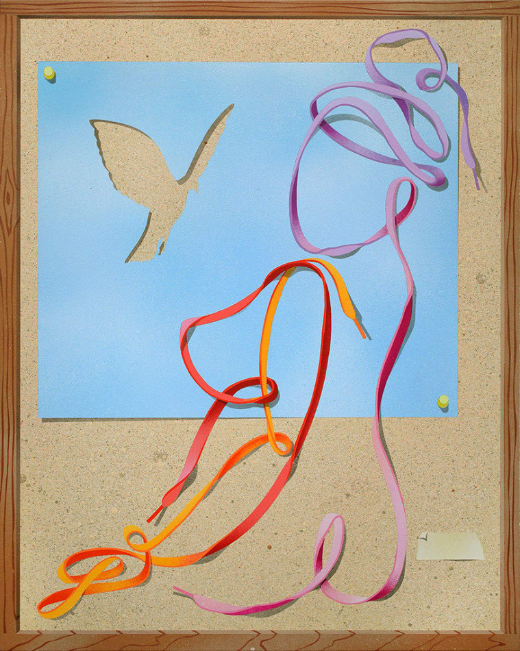 trompe l'oeil with shoe lace in the shape of a nude