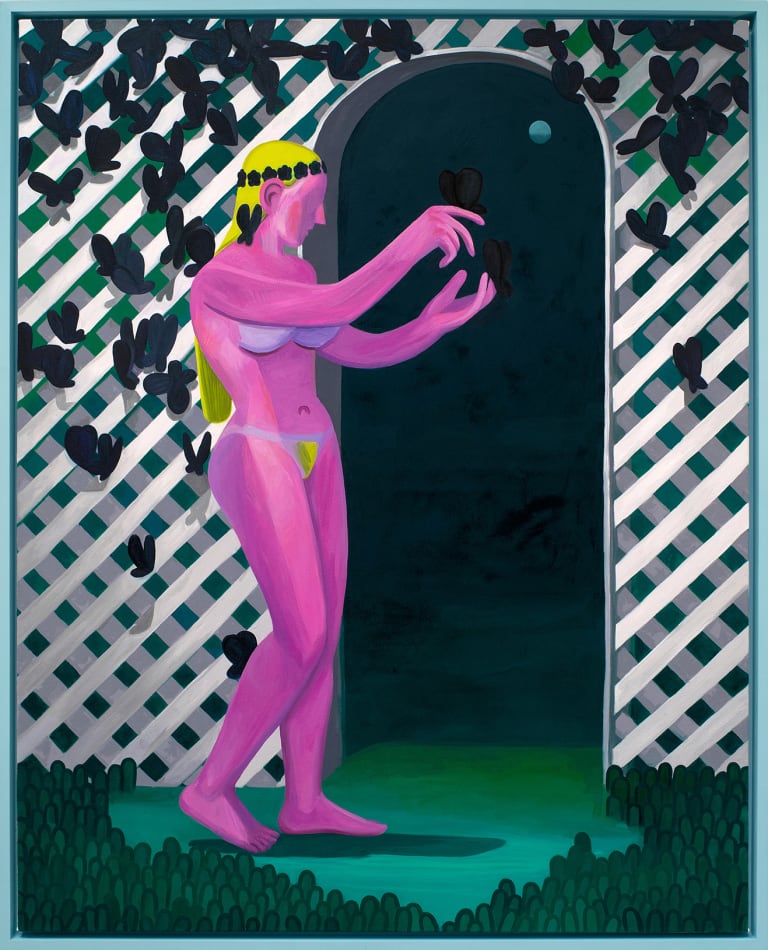 Corey K. Lamb - nude female figure with tan lines in front of latticed garden hedge