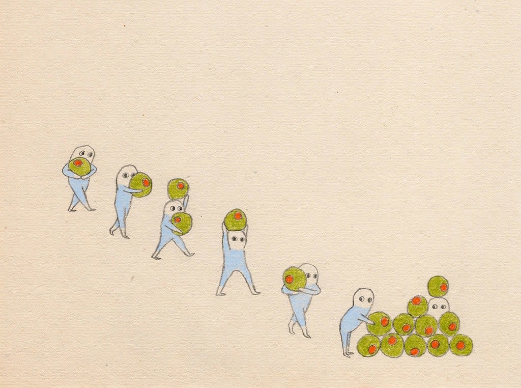 Drawing of small figures walking in a line holding green olives in their hands and placing them in a pile