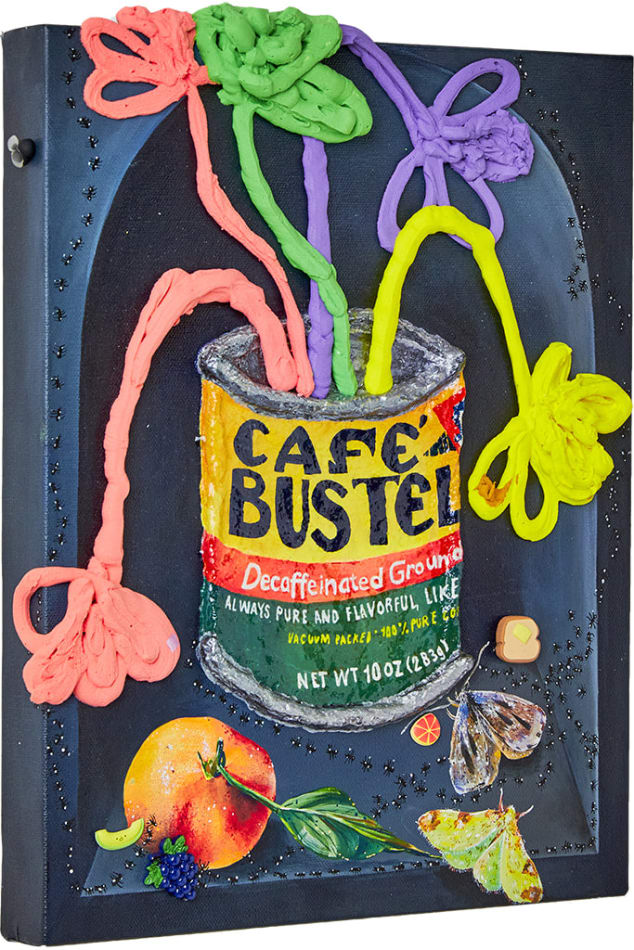 Nic Dyer mixed media painting of Cafe Bustelo container, puffy flowers inside. Moths and fruit scattered below can