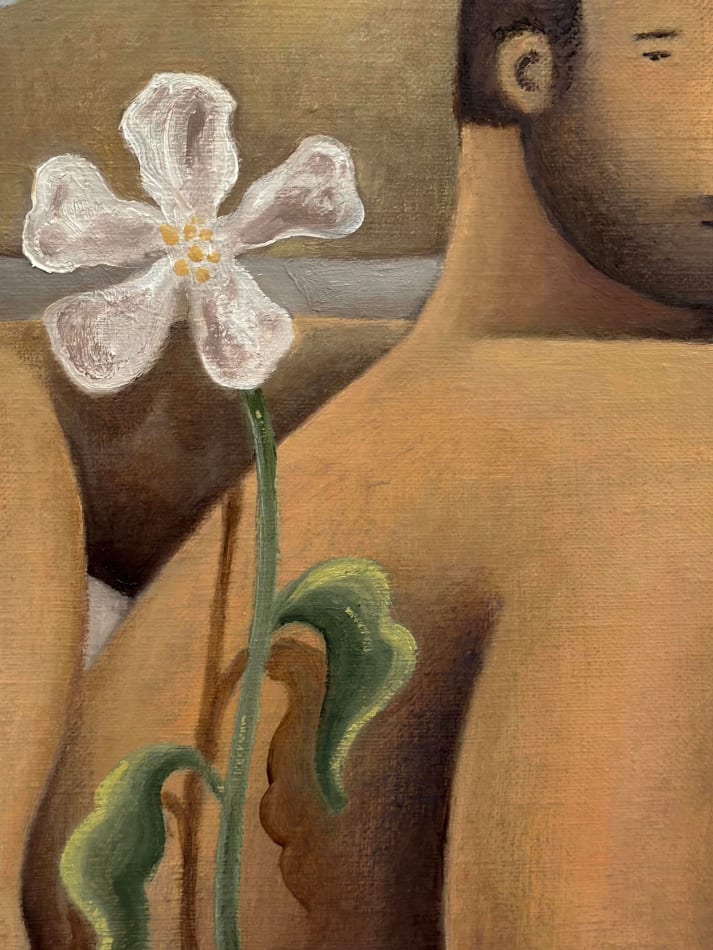 male figure holding a white flower behind his back detail