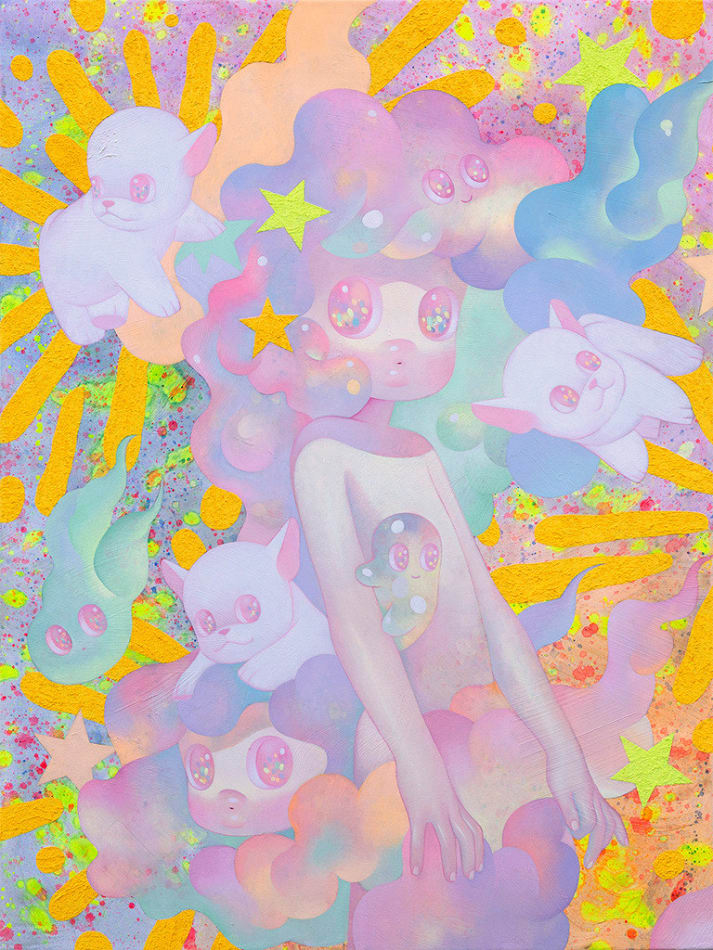 So Youn Lee painting of childlike figure and white bulldogs in pastel tones