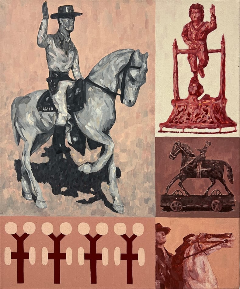 painting of cowboy figures and abstract symbols in red and grey