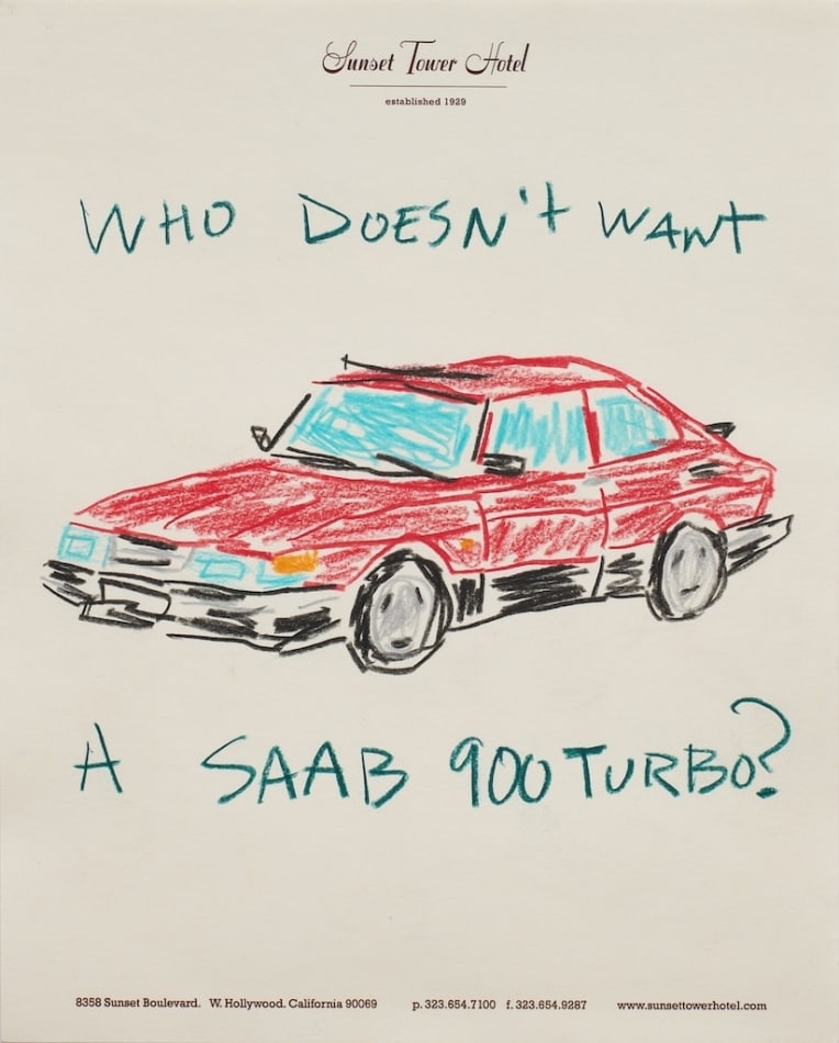 sketch of a red saab car on hotel stationary