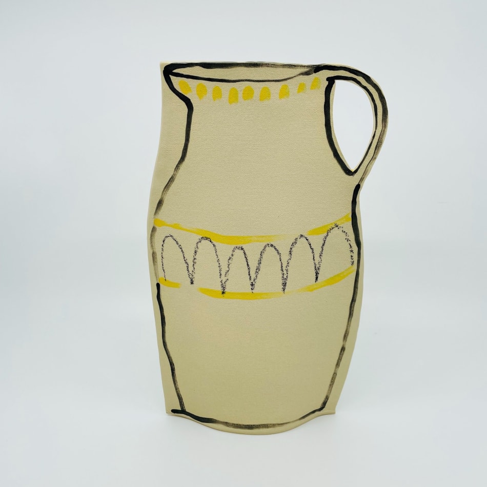 Alison Owen's sculpture of a vase with a black border and pastel colors