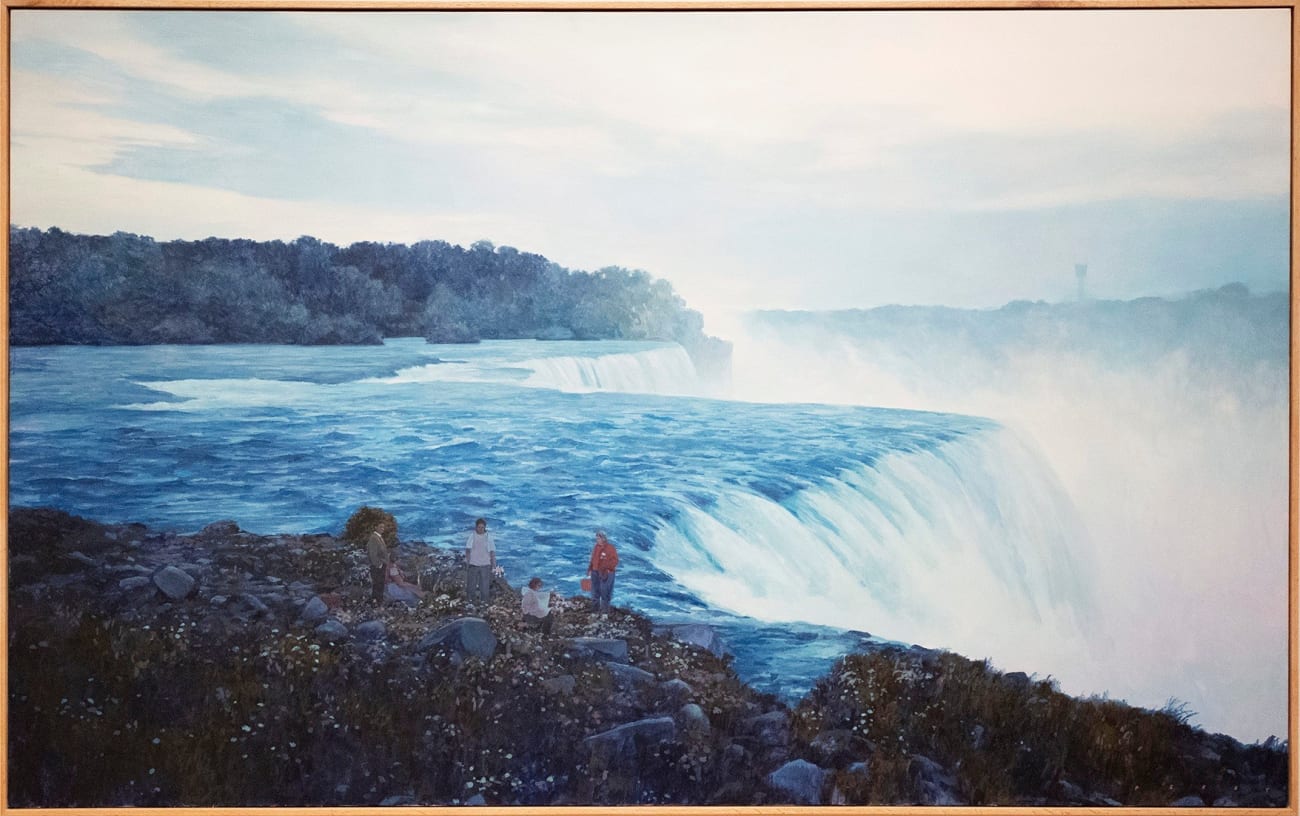 Pat Perry - painting of expansive waterfall and small figures at edge of shore along misty waterfall