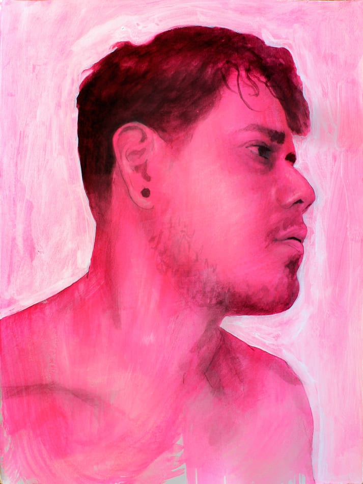 Self portrait of the artist in pink. His face is turned to the side, he is shirtless.