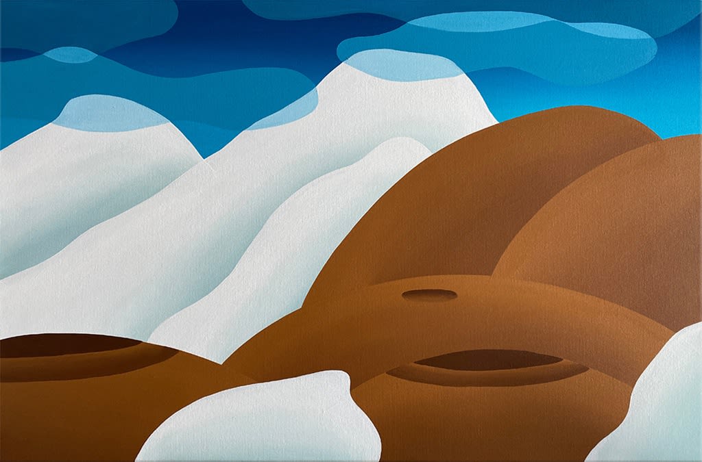 Bianca Nemelc painting of abstracted female figure with glaciers and clouds