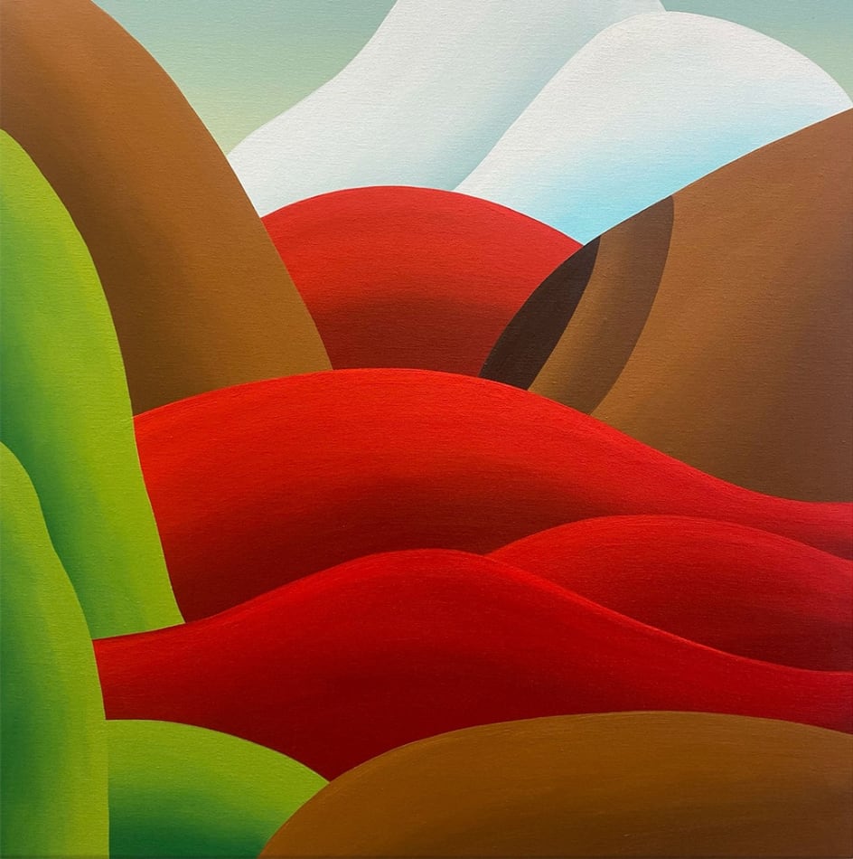 Bianca Nemelc painting of abstracted female figure with glaciers and red and green landscapes