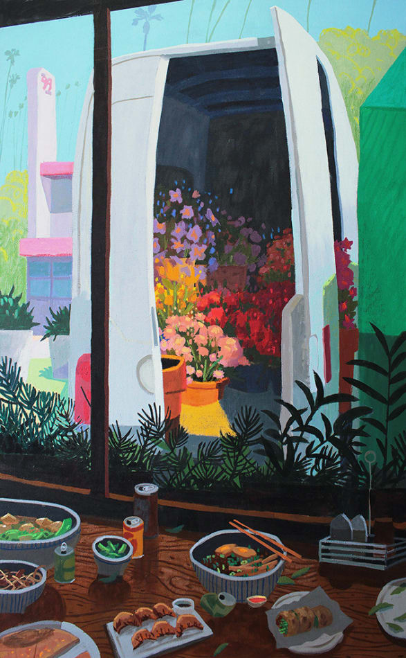 painting of an interior with a variety of food on a wooden table, outside the window there is a white flower van full of various flowers by Nicholas Bono Kennedy