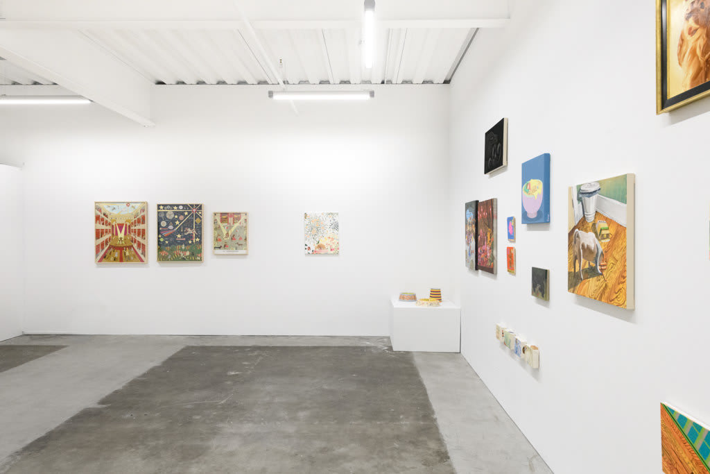 Installation view of a gallery wall with various artworks installed for the Doggone Delightful group exhibition at Hashimoto Contemporary San Francisco
