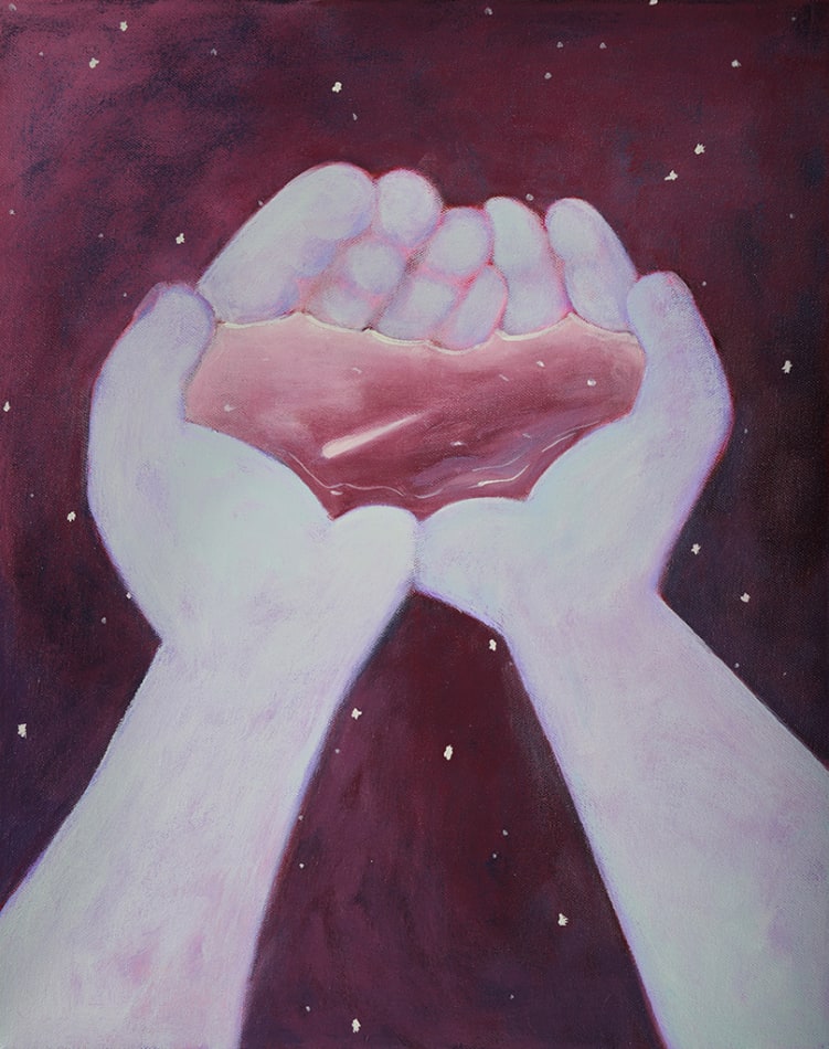 painting by artist genevieve cohn of a pair of light purple-toned hands cupping water against a purple starry sky