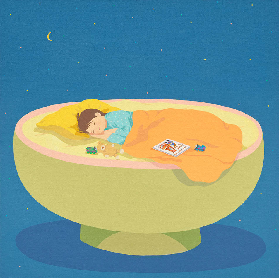 child sleepping on a bowl like shape with a blue sky and moon and the book the tiger came to tea