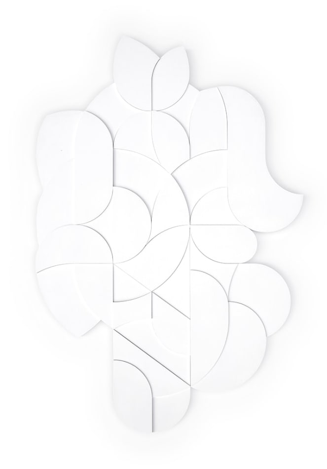 all white wooden relief piece featuring many smaller pieces