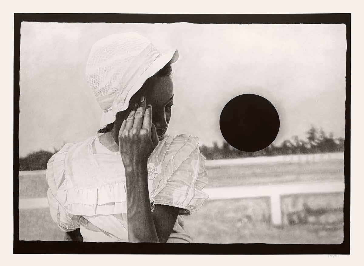Black and White drawing of a girl with her hand partially covering her face standing in a field