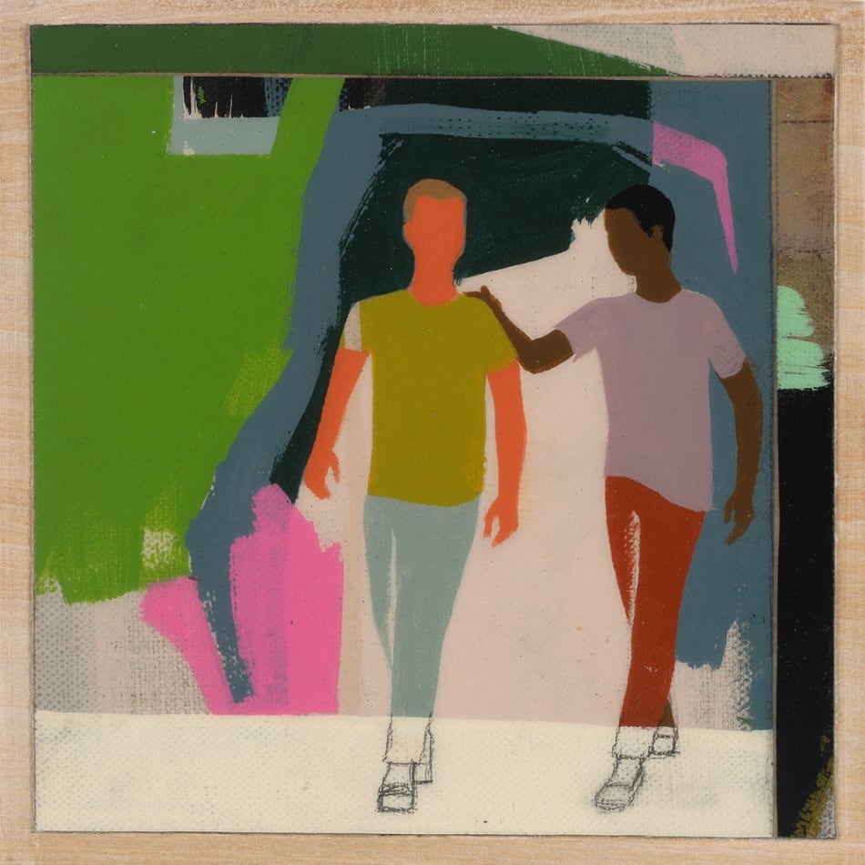 two man walking in an abstracted park