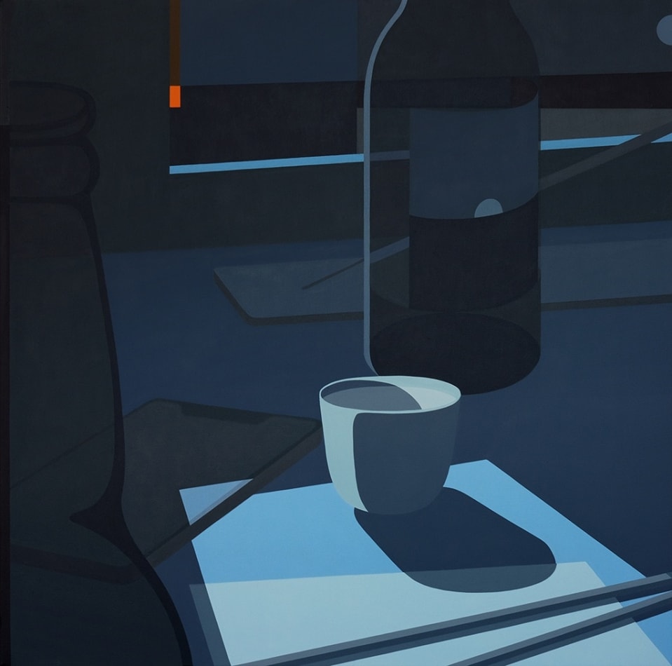 Image of the left canvas in the diptych, titled Exhale. On a table underneath a slightly open window is the neck of a beer bottle, a white sake cup, a bottle of wine and an incense holder.