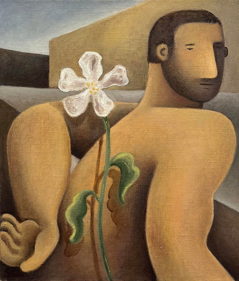 male figure holding a white flower behind his back