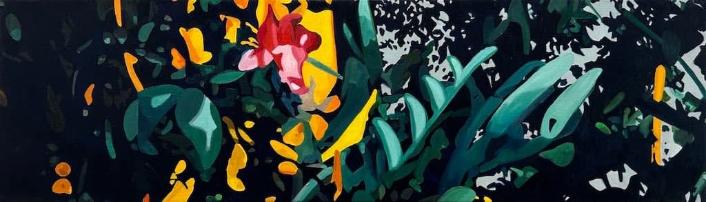painting of thick greenery with yellow flowers poking through