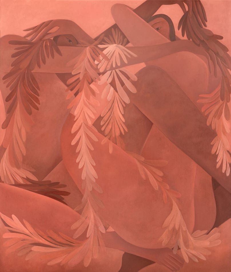 Laura Berger painting of women intertwined holding garlands