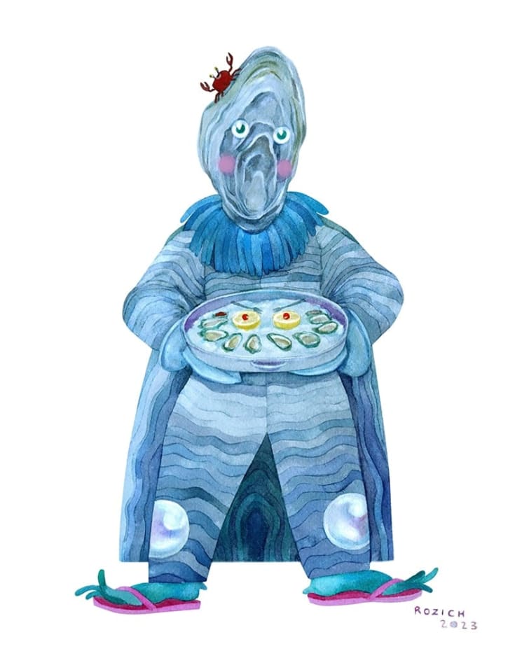 Painting of a creature that has the head of an oyster that is holding a large plate of oysters.