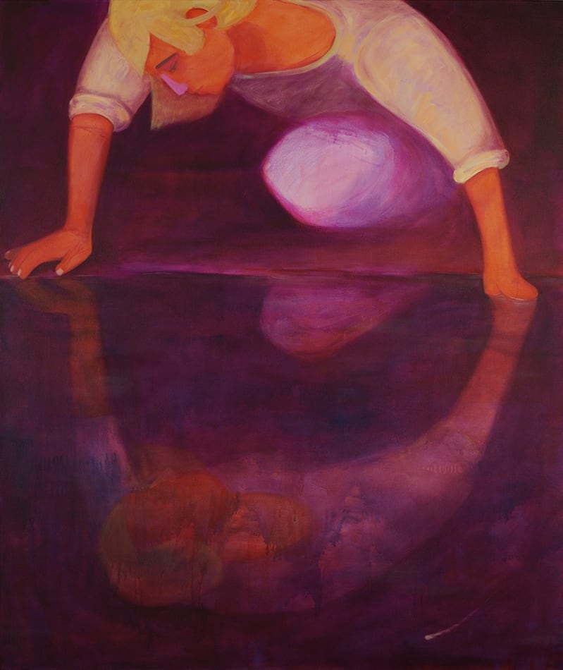 painting by genevieve cohn depicting an orange individual with short yellow hair knelt down and peering into their reflection in a body of water