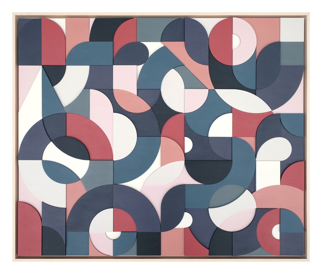 Scott Albrecht wood relief painting in blue and pink tones