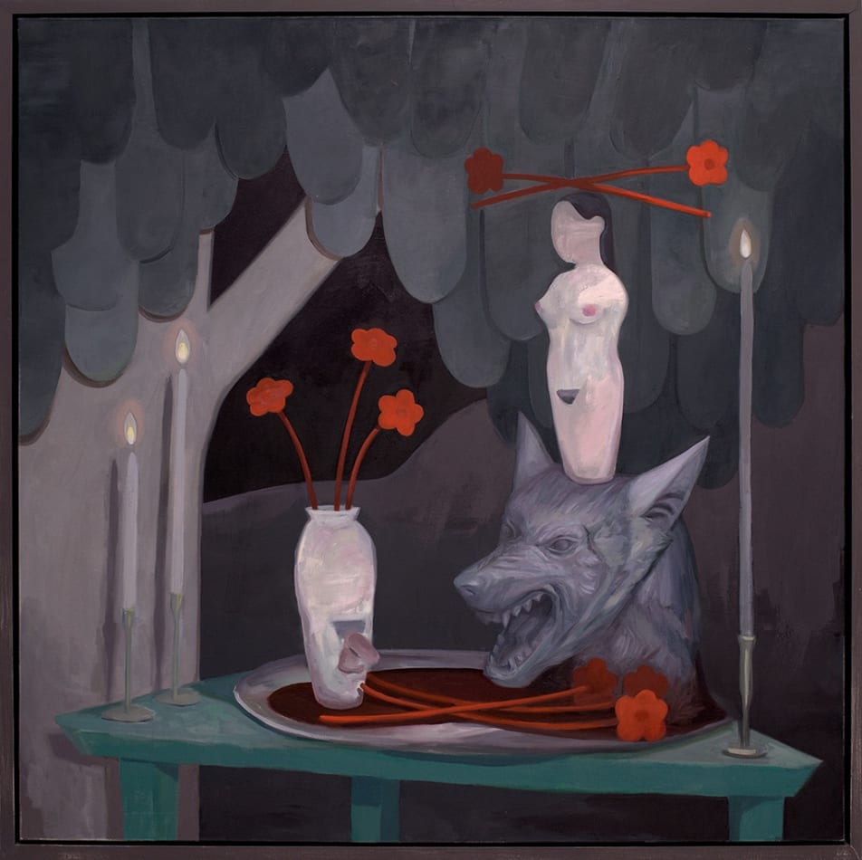 Corey Lamb painting of still life featuring nude figure, candles, wolf head and vase