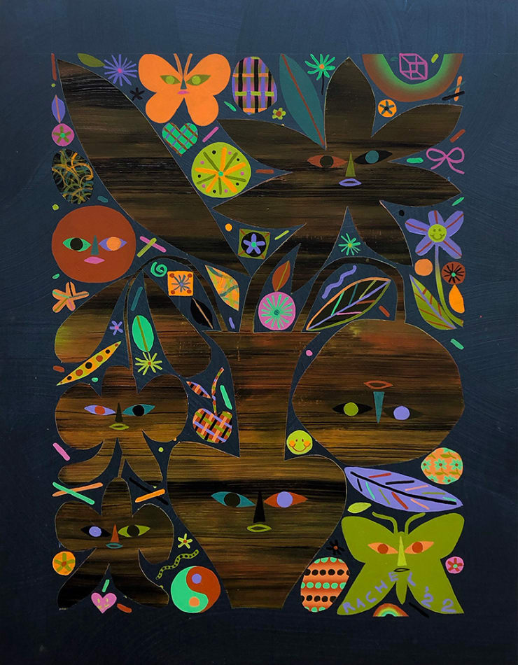 Rachel Hayden painting of faux wood background with bright florals and butterflies on top