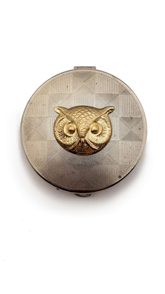 Silver circular cosmetic case with owl face in the center