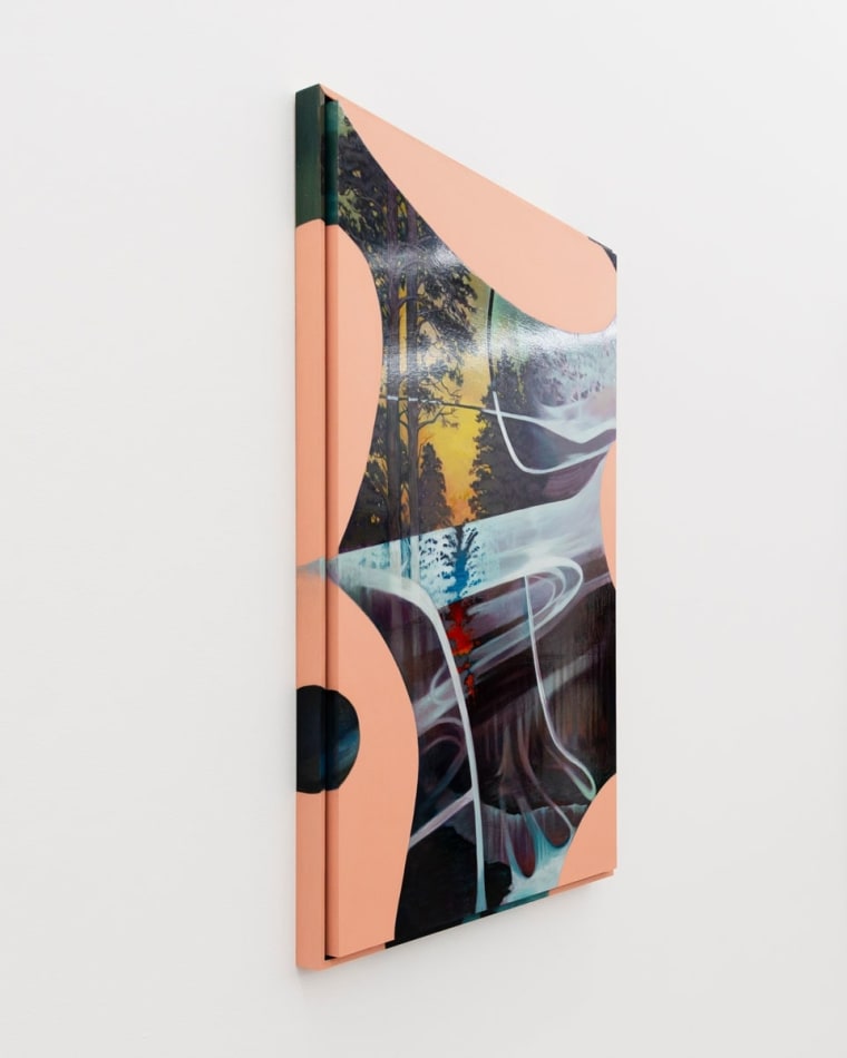 Abstract landscape painting of a forest with a river running through the trees. Abstract pink and blue shapes cover it.