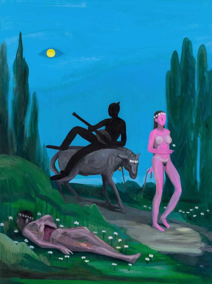 Corey K. Lamb - female figure leads horse with shadowed figure riding past body in grass