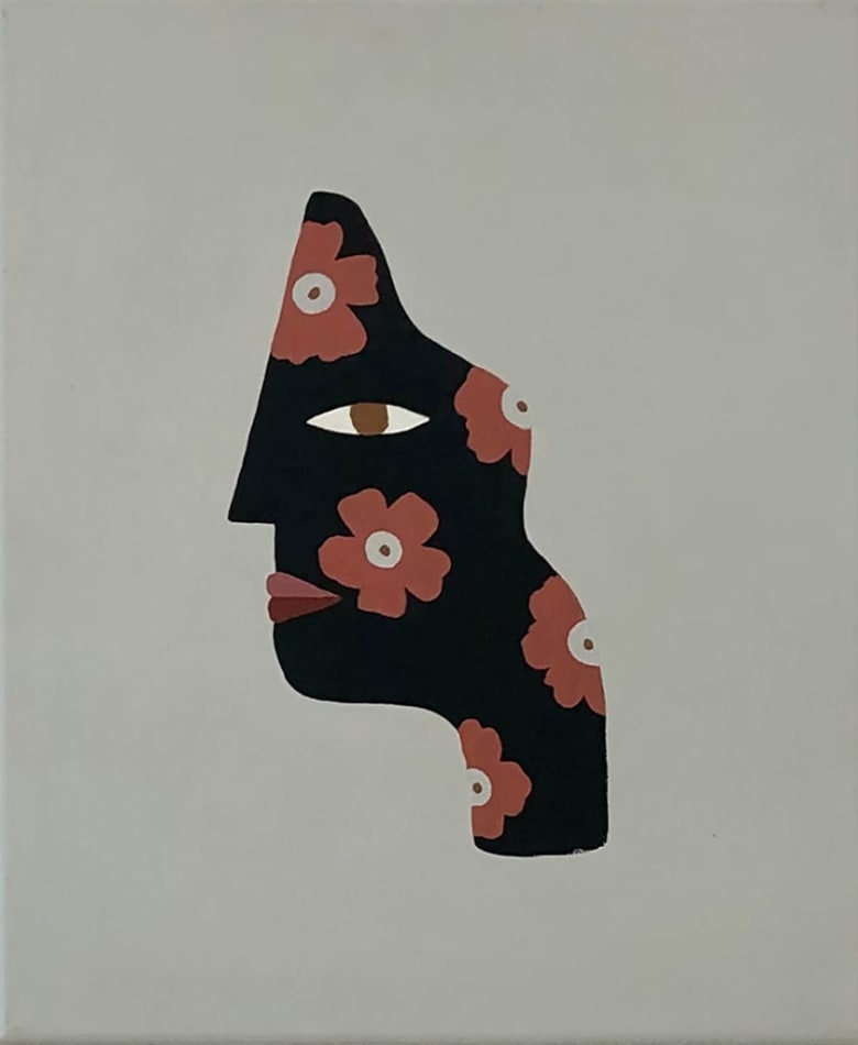 Madi portrait of woman's face with red flowers