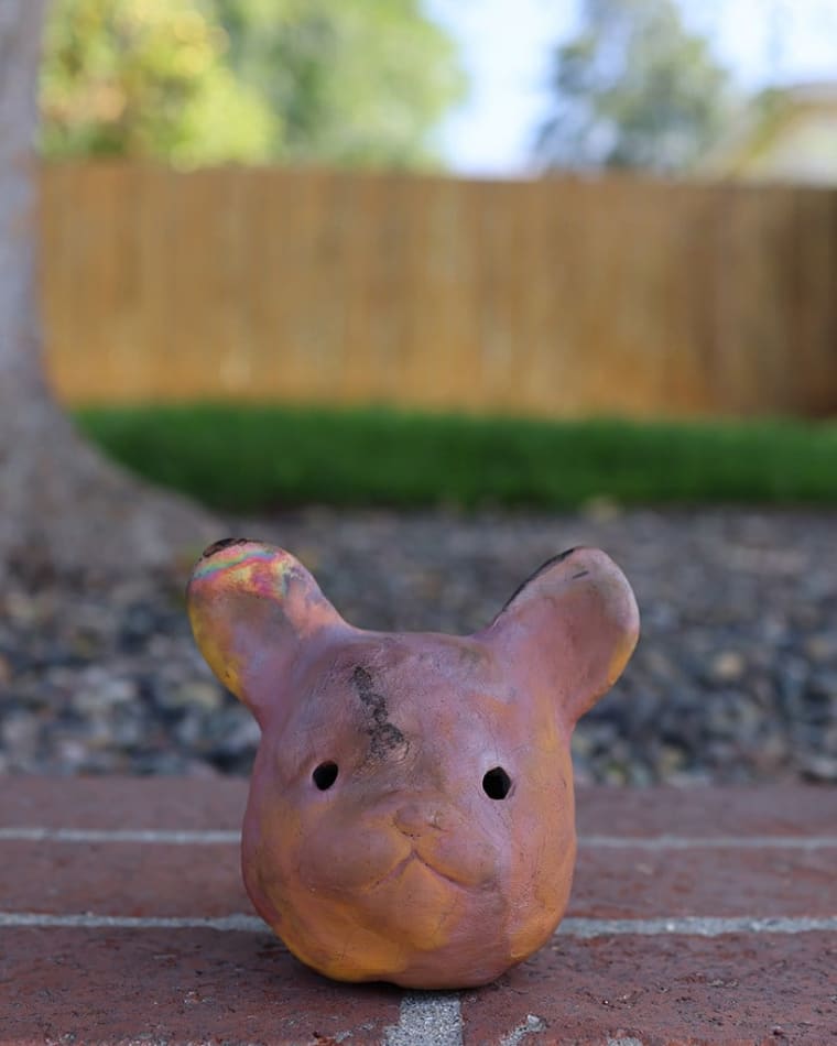 So Youn Lee ceramic sculpture of pink bulldog face