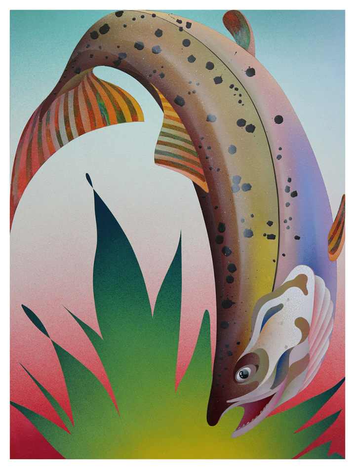 painting of a trout splashing into water by casey gray