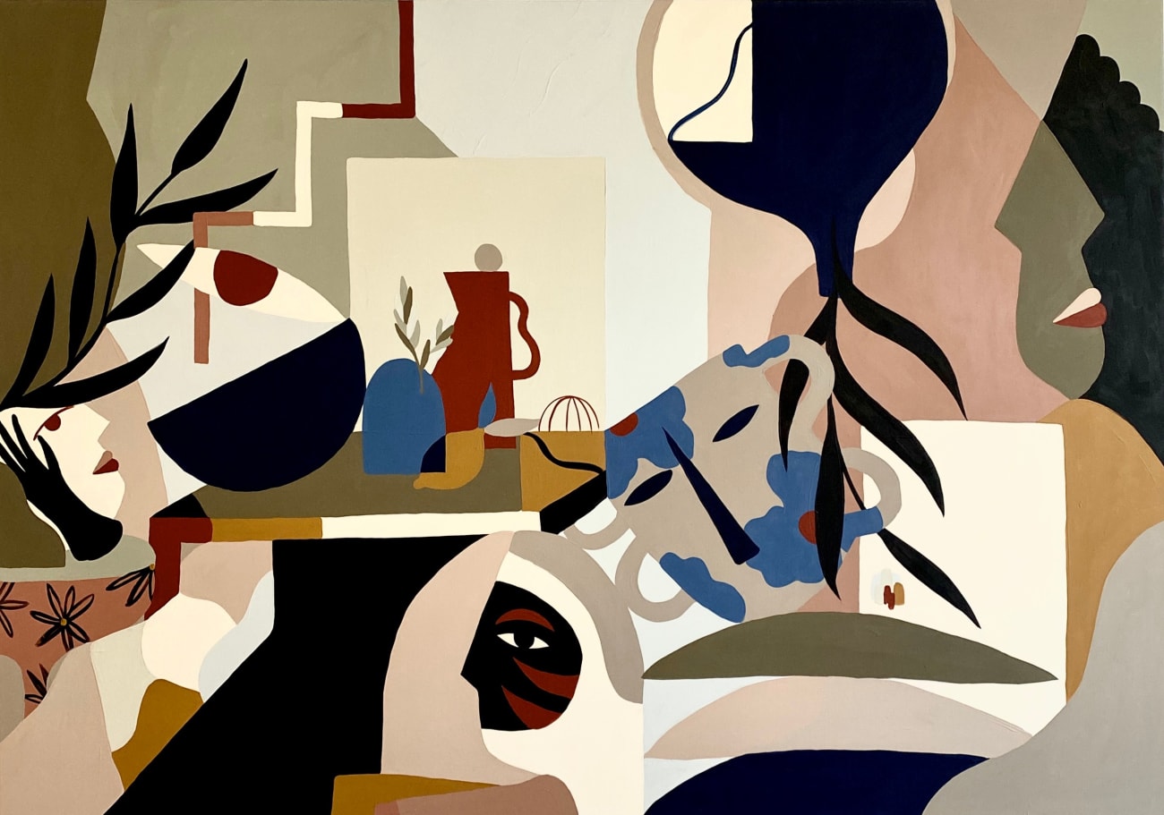 Madi painting of abstracted and cubist figures and vessels in jewel / earth tones