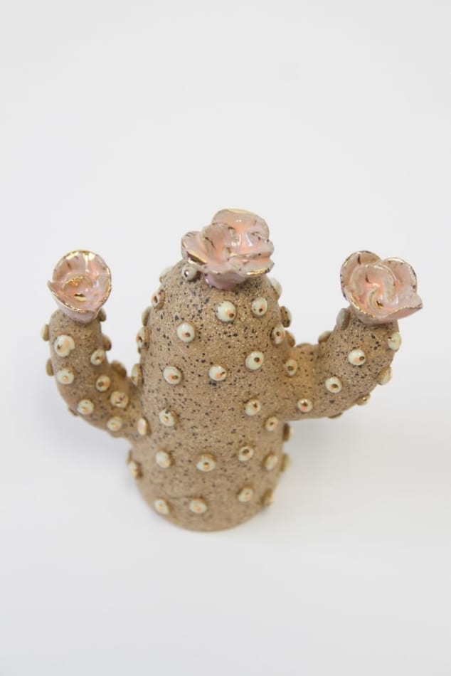 Jen Dwyer brown and gold luster with pink sculpture of cactus with pink florals