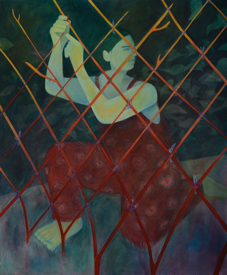 painting by genevieve cohn of a woman with short hair and red patterned overalls constructing a fence-like object utilizing twigs or branches