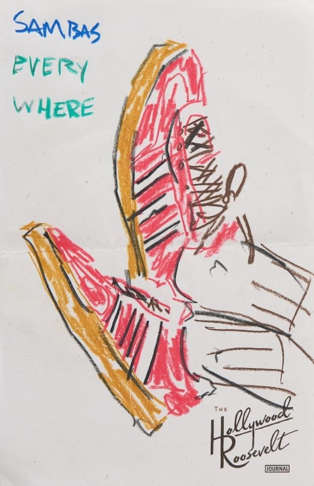 sketch of feet wearing red sambas adidas sneaker with the text 