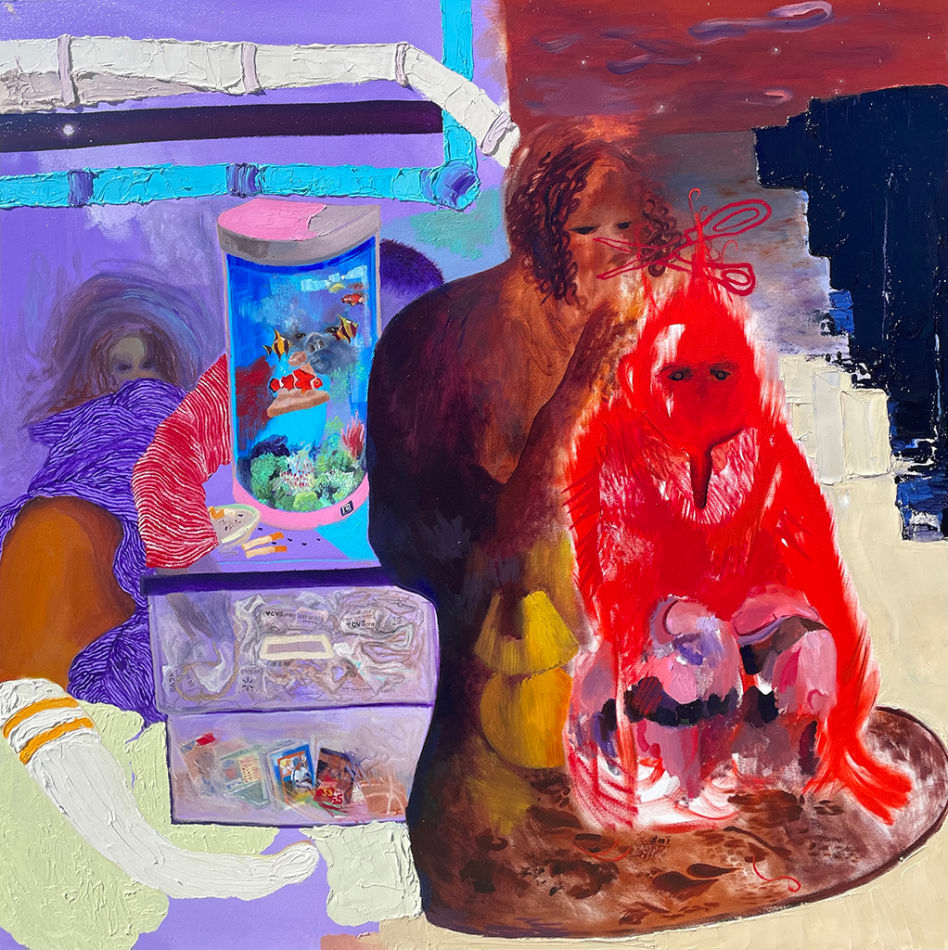 Veronica Fernandez painting of fishtank and child getting haircut