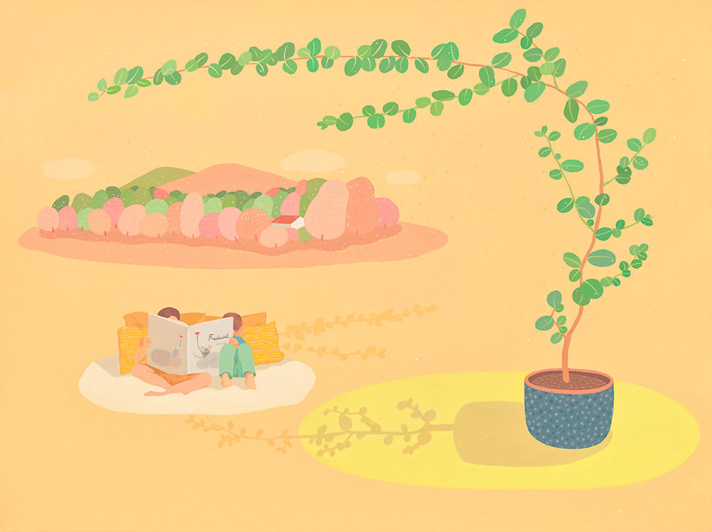 Danym Kwon - Painting of landscape, people, and potted plant with pastel orange. On the left top is the landscape painted in pink and green with a house with red roof. on the center left, teo figure sit side by side reading a book together. On the right of the canvas, a tree in a blue dotted pot on a yellow floor painted in oval.