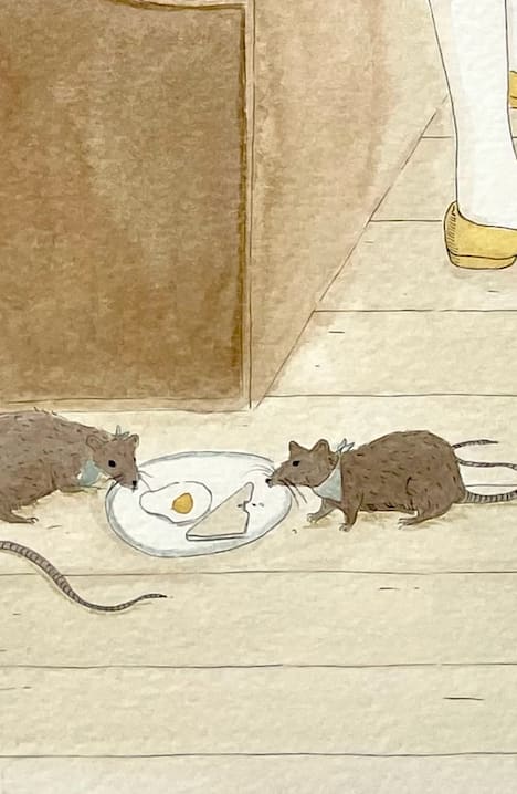 detail image of two rats eating breakfast