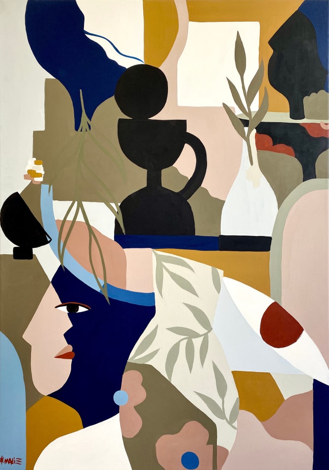 Madi painting of abstracted and cubist figures and vessels in jewel / earth tones