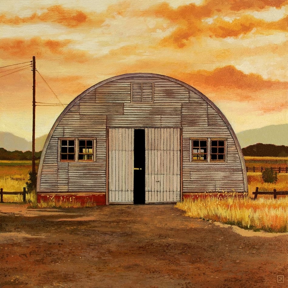 Jessica Hess painting of country shed at sunset