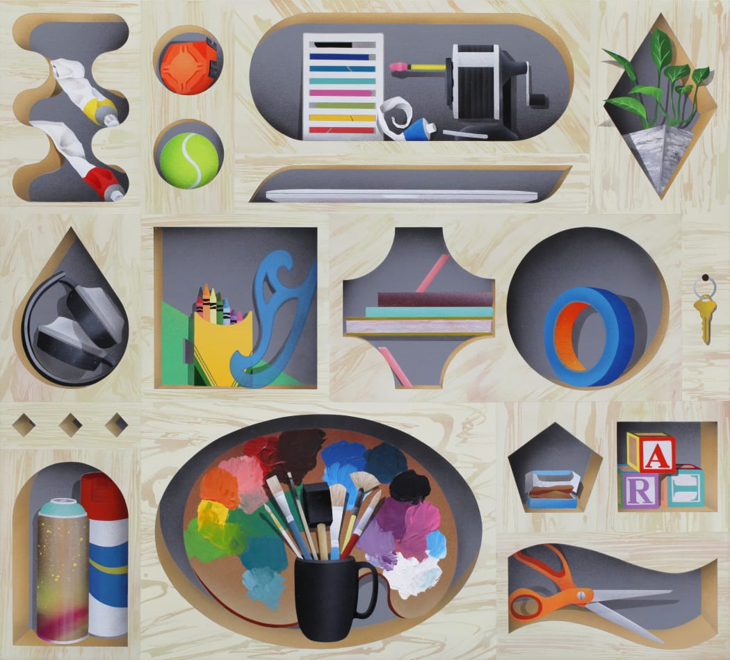 still life arranged in a grid