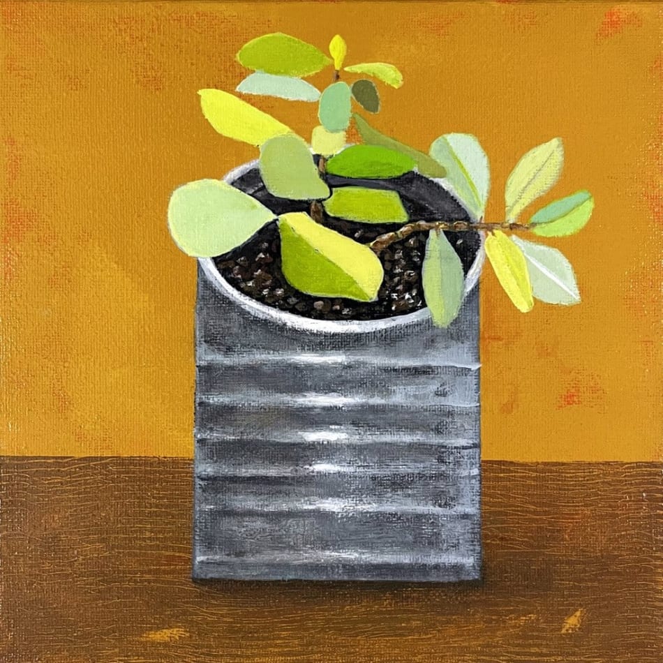 painting of a green plant in a tin can on a brown backrgound
