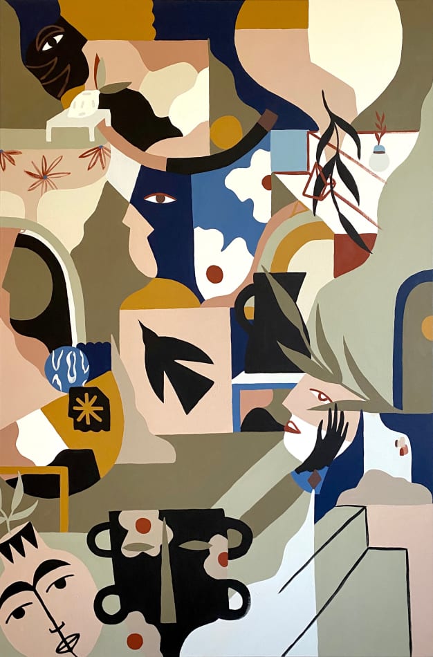 Madi painting of abstracted and cubist figures and vessels in jewel / earth tones