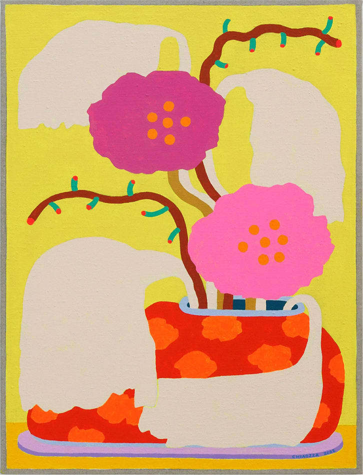 yellow and pink painting of an alien-like bouquet in a vase